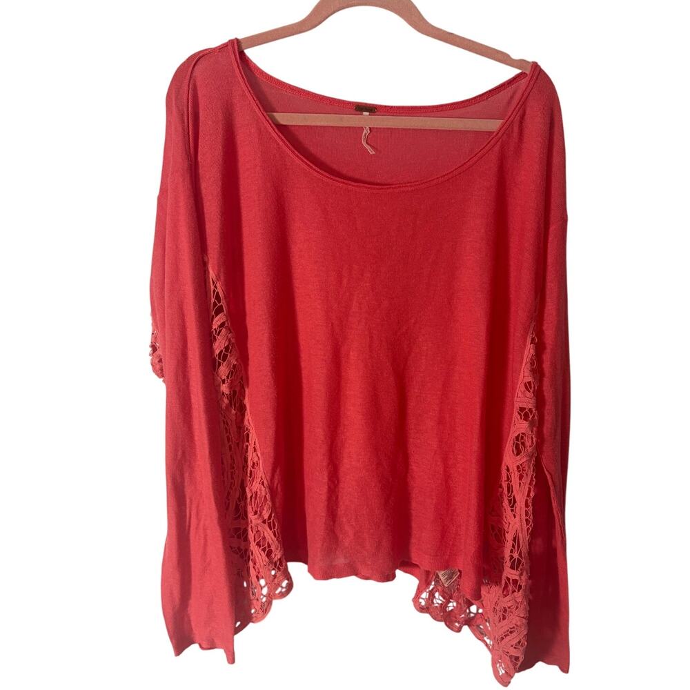 Free People Coral Crochet Lace Panel Oversized Boho Knit Top L Romantic Flaw